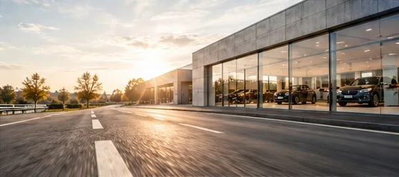 Een showroom met auto's achter glas, in het licht van de ondergaande zon